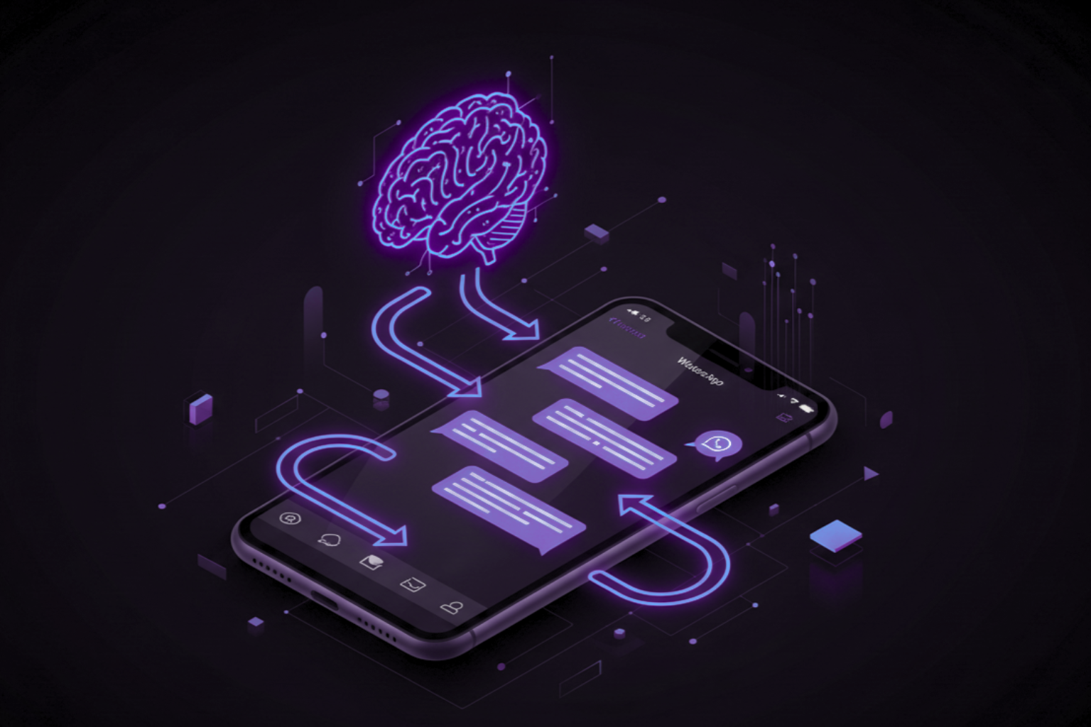 Ilustração de smartphone com WhatsApp e IA processando mensagens automaticamente
