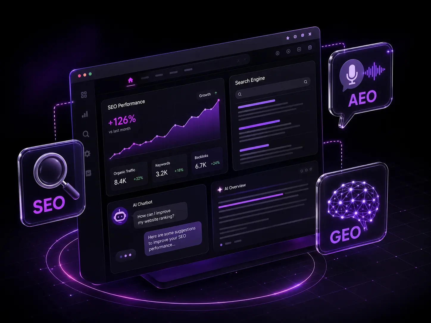 Ilustração de site otimizado com gráficos de performance SEO, AEO e GEO em destaque